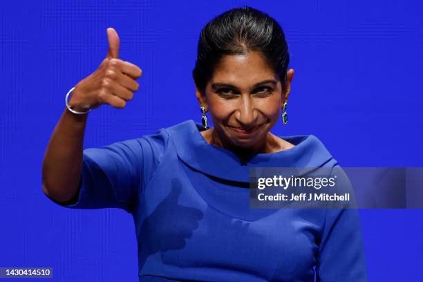 Suella Braverman, Secretary of State for the Home Department speaks on day three of the Conservative Party Conference on October 04, 2022 in...