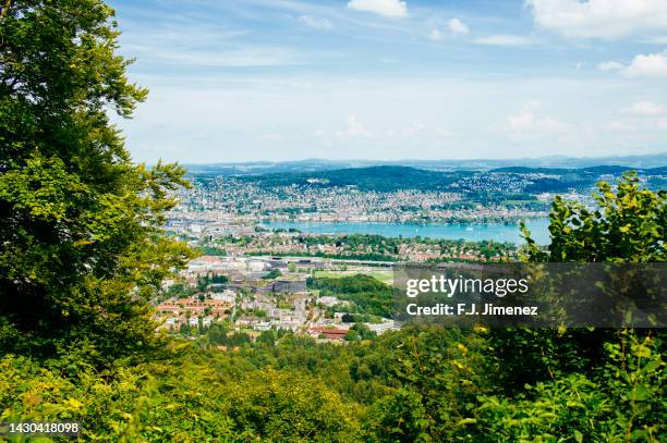 aerial view of zurich and the lake, switzerland - zurich skyline stock-fotos und bilder