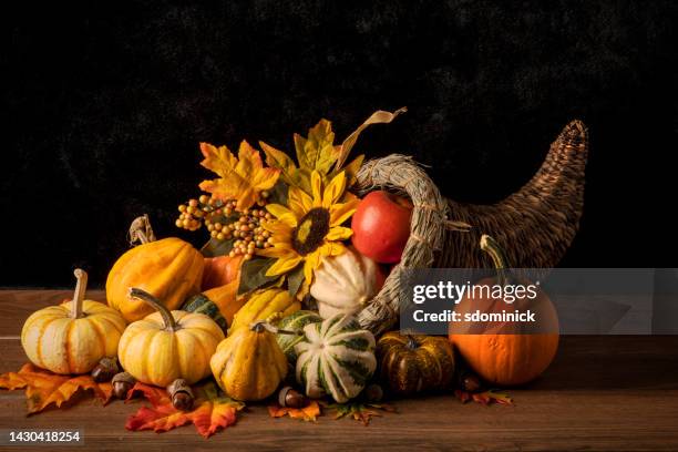 configuração da mesa de cornucópia para ação de graças - cornucópia - fotografias e filmes do acervo