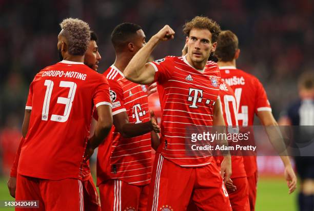 Leon Goretzka celebrates after Leroy Sane of Bayern Munich scored their sides fourth goal during the UEFA Champions League group C match between FC...