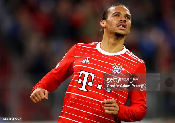 Leroy Sane of Bayern Munich celebrates after scoring their team's fourth goal during the UEFA Champions League group C match between FC Bayern...