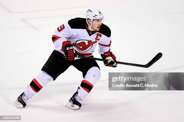 Zach Parise of the New Jersey Devils skates against the Florida Panthers in Game Two of the Eastern Conference Quarterfinals during the 2012 NHL...