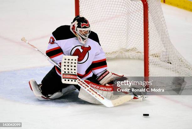 Goaltender Martin Brodeur of the New Jersey Devils defends the net against the Florida Panthers during Game Two of the Eastern Conference...