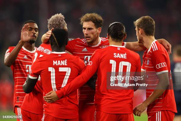 Leroy Sane celebrates with Leon Goretzka, Sadio Mane, Eric Maxim Choupo-Moting and Josip Stanisic of Bayern Munich after scoring their team's fourth...