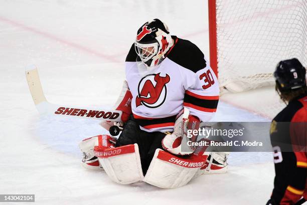 Goaltender Martin Brodeur of the New Jersey Devils defends the net against the Florida Panthers during Game Two of the Eastern Conference...