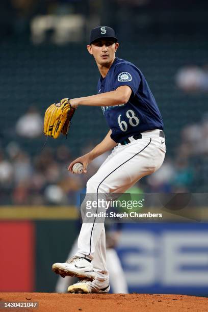 George Kirby of the Seattle Mariners pitches during the first inning against the Detroit Tigers at T-Mobile Park on October 03, 2022 in Seattle,...