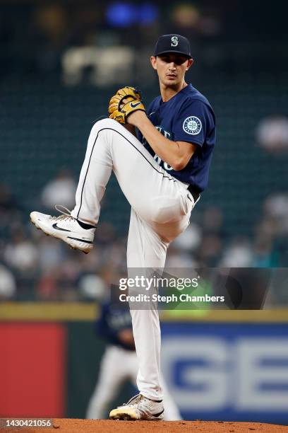 George Kirby of the Seattle Mariners pitches during the first inning against the Detroit Tigers at T-Mobile Park on October 03, 2022 in Seattle,...