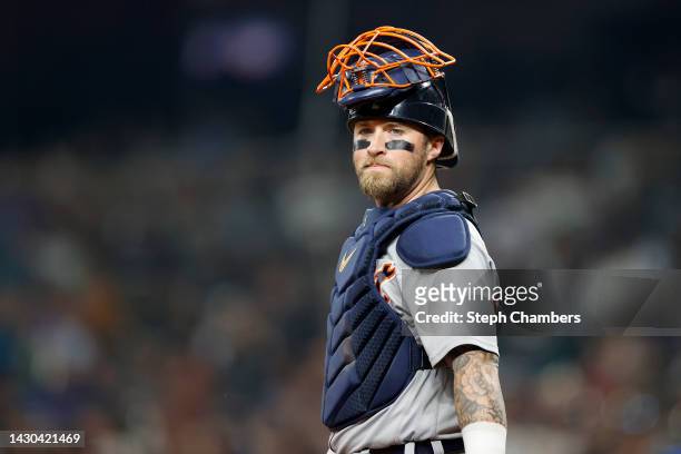 Tucker Barnhart of the Detroit Tigers looks on during the first inning against the Seattle Mariners at T-Mobile Park on October 03, 2022 in Seattle,...