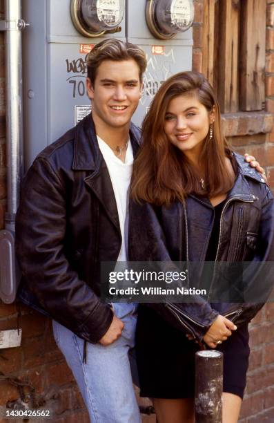 American actor Mark-Paul Gosselaar, plays Zack Morris and American actress Tiffani Amber Thiessen, plays Kelly Kapowski in the TV show "Saved By The...