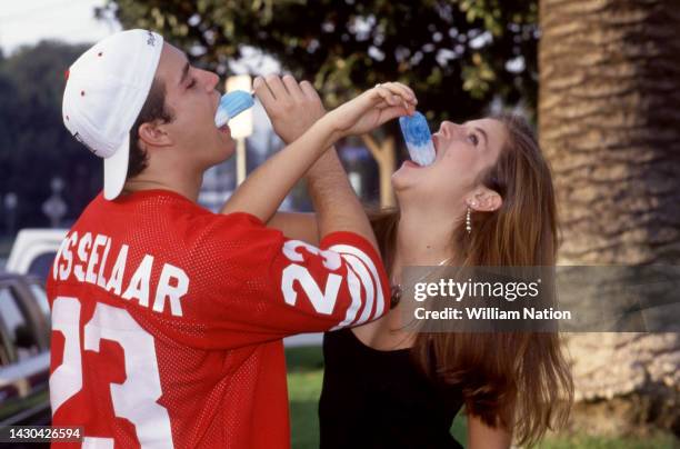 American actor Mark-Paul Gosselaar, plays Zack Morris and American actress Tiffani Amber Thiessen, plays Kelly Kapowski in the TV show "Saved By The...