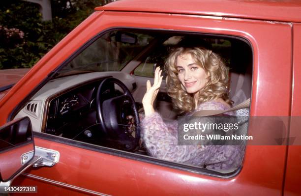 American actress, author, television personality and model Eileen Davidson, poses for a portrait driving her Ford Bronco II in Los Angeles,...