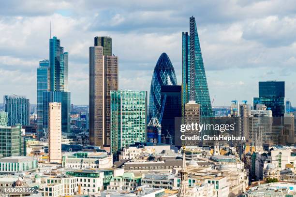 london financial district cityscape, england, uk - gherkin london stock pictures, royalty-free photos & images