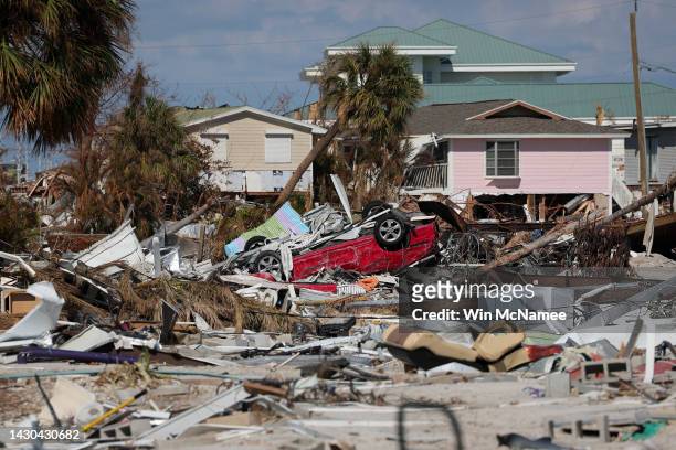 Destruction left behind in the wake of Hurricane Ian is shown October 04, 2022 in Fort Myers Beach, Florida. Southwest Florida suffered severe damage...