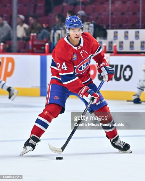 Madison Bowey of the Montreal Canadiens skates the puck during the warm-ups prior to a preseason game against the Toronto Maple Leafs at Centre Bell...