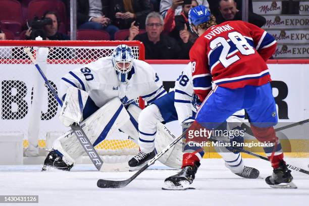 Matt Murray of the Toronto Maple Leafs tends net during the first period in a preseason game against the Montreal Canadiens at Centre Bell on October...