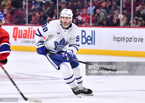 Victor Mete of the Toronto Maple Leafs skates against the Montreal Canadiens during the third period in a preseason game at Centre Bell on October 3,...