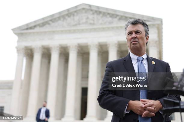 Attorney General of Alabama Steve Marshall speaks to members of the press after the oral argument of the Merrill v. Milligan case at the U.S. Supreme...
