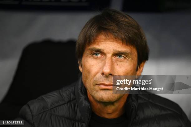 Antonio Conte, Manager of Tottenham Hotspur looks on prior to the UEFA Champions League group D match between Eintracht Frankfurt and Tottenham...