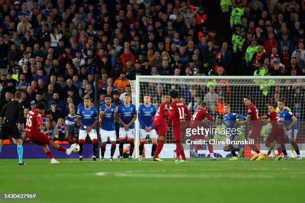 Trent Alexander-Arnold of Liverpool scores their team's first goal during the UEFA Champions League group A match between Liverpool FC and Rangers FC...