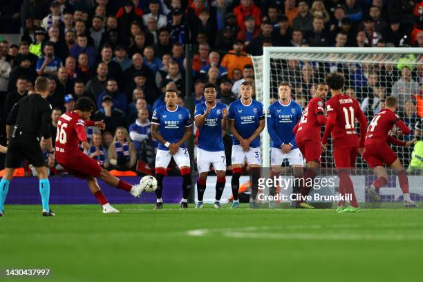 Trent Alexander-Arnold of Liverpool scores their team's first goal during the UEFA Champions League group A match between Liverpool FC and Rangers FC...