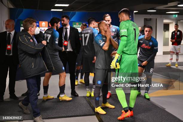 Stanislav Lobotka and Alex Meret of SSC Napoli speak before walking out onto the field prior to the UEFA Champions League group A match between AFC...