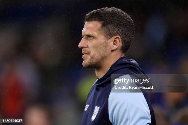 Mark Hudson, Interim Manager of Cardiff City, looks on prior to kick off of the Sky Bet Championship between Cardiff City and Blackburn Rovers at...