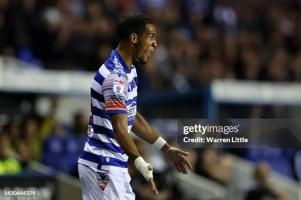 Thomas Ince of Reading reacts during the Sky Bet Championship between Reading and Norwich City at Select Car Leasing Stadium on October 04, 2022 in...