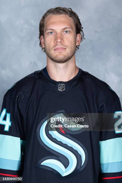 Jamie Oleksiak of the Seattle Kraken poses for his official headshot for the 2022-2023 season on September 21, 2022 at the Kraken Community Iceplex...