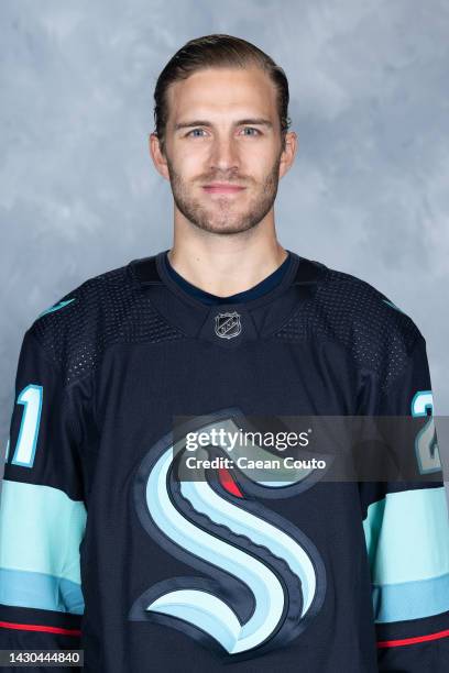 Alex Wennberg of the Seattle Kraken poses for his official headshot for the 2022-2023 season on September 21, 2022 at the Kraken Community Iceplex in...