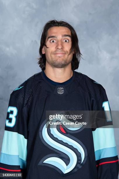 Brandon Tanev of the Seattle Kraken poses for his official headshot for the 2022-2023 season on September 21, 2022 at the Kraken Community Iceplex in...