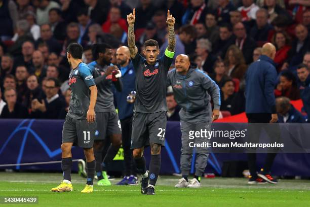 Giovanni Di Lorenzo of SSC Napoli celebrates after scoring their team's second goal during the UEFA Champions League group A match between AFC Ajax...