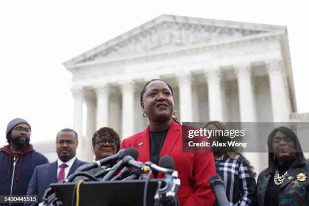 President and Director-Counsel of the NAACP Legal Defense Fund Janai Nelson speaks to members of the press after the oral argument of the Merrill v....