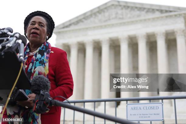 Rep. Sheila Jackson-Lee speaks to members of the press after the oral argument of the Merrill v. Milligan case at the U.S. Supreme Court on October...