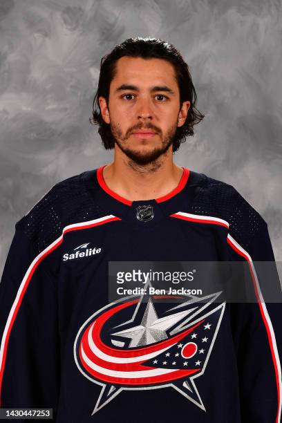 Johnny Gaudreau of the Columbus Blue Jackets poses for his official headshot for the 2022-2023 season at Nationwide Arena on September 21, 2022 in...