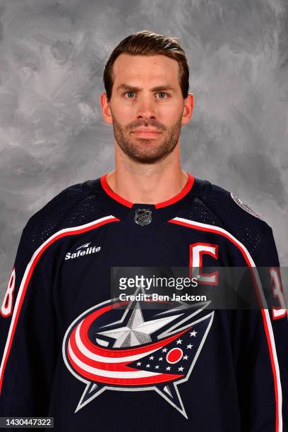 Boone Jenner of the Columbus Blue Jackets poses for his official headshot for the 2022-2023 season at Nationwide Arena on September 21, 2022 in...