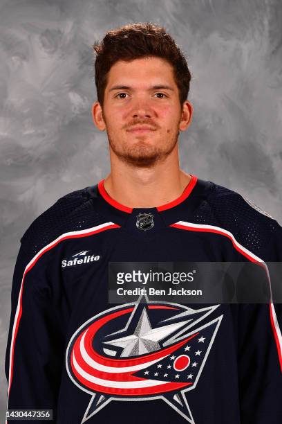 Jack Roslovic of the Columbus Blue Jackets poses for his official headshot for the 2022-2023 season at Nationwide Arena on September 21, 2022 in...