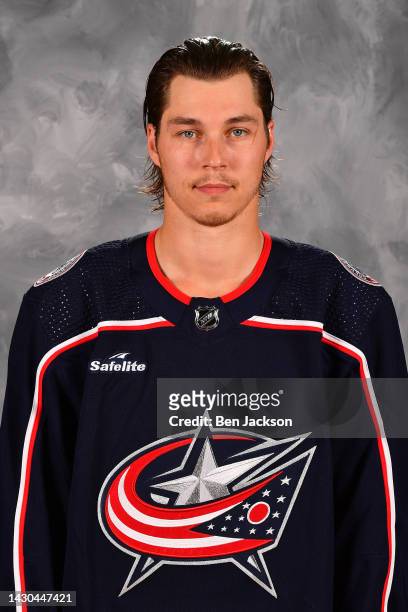 Elvis Merzlikins of the Columbus Blue Jackets poses for his official headshot for the 2022-2023 season at Nationwide Arena on September 21, 2022 in...