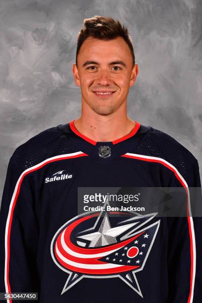 Gavin Bayreuther of the Columbus Blue Jackets poses for his official headshot for the 2022-2023 season at Nationwide Arena on September 21, 2022 in...