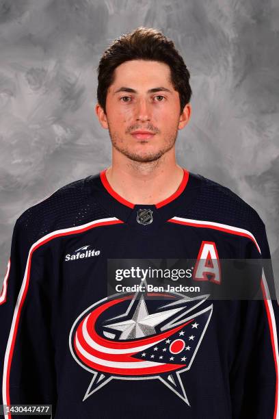 Zach Werenski of the Columbus Blue Jackets poses for his official headshot for the 2022-2023 season at Nationwide Arena on September 21, 2022 in...