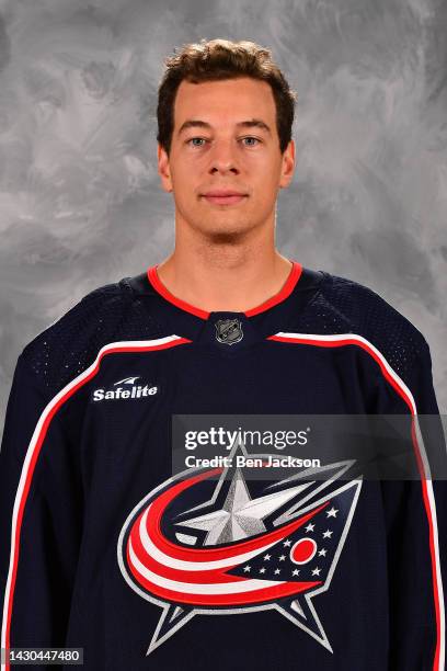 Billy Sweezey of the Columbus Blue Jackets poses for his official headshot for the 2022-2023 season at Nationwide Arena on September 21, 2022 in...