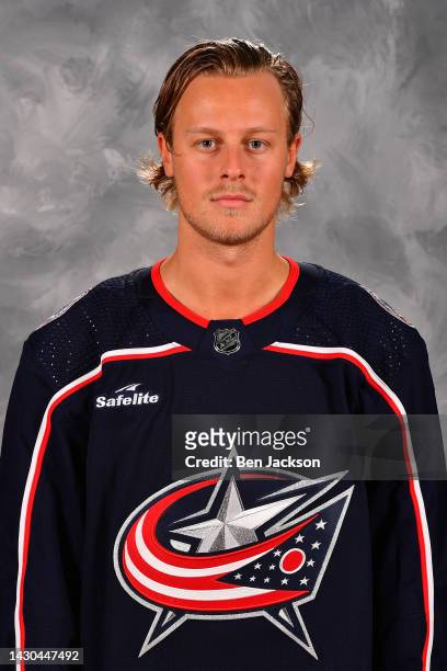 Adam Boqvist of the Columbus Blue Jackets poses for his official headshot for the 2022-2023 season at Nationwide Arena on September 21, 2022 in...