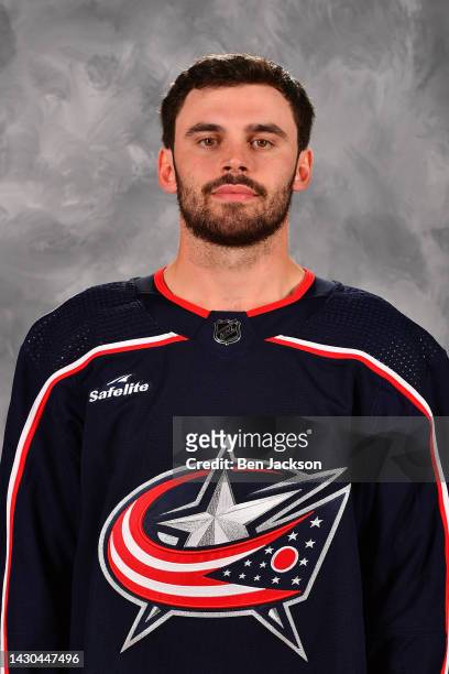 Liam Foudy of the Columbus Blue Jackets poses for his official headshot for the 2022-2023 season at Nationwide Arena on September 21, 2022 in...