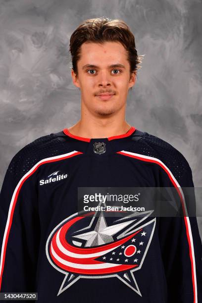 Mikael Pyyhtia of the Columbus Blue Jackets poses for his official headshot for the 2022-2023 season at Nationwide Arena on September 21, 2022 in...