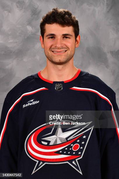 Justin Richards of the Columbus Blue Jackets poses for his official headshot for the 2022-2023 season at Nationwide Arena on September 21, 2022 in...