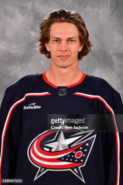 Kent Johnson of the Columbus Blue Jackets poses for his official headshot for the 2022-2023 season at Nationwide Arena on September 21, 2022 in...