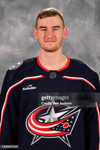 David Jiricek of the Columbus Blue Jackets poses for his official headshot for the 2022-2023 season at Nationwide Arena on September 21, 2022 in...