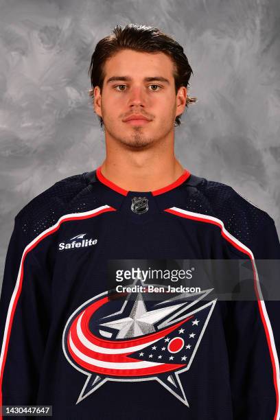 Cole Sillinger of the Columbus Blue Jackets poses for his official headshot for the 2022-2023 season at Nationwide Arena on September 21, 2022 in...