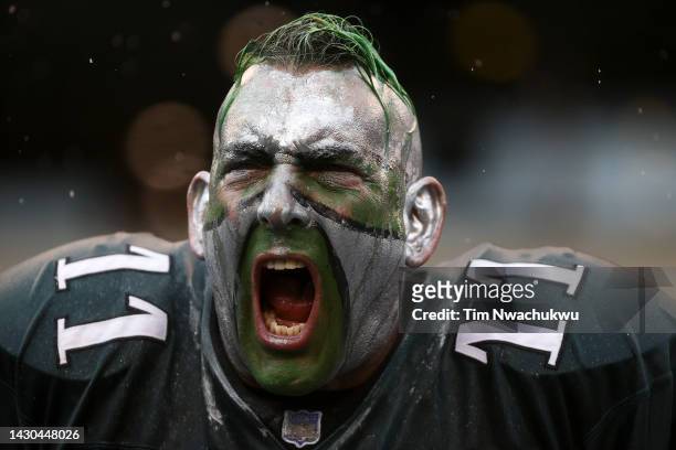 Fan cheers during a game between the Philadelphia Eagles and the Jacksonville Jaguars at Lincoln Financial Field on October 02, 2022 in Philadelphia,...