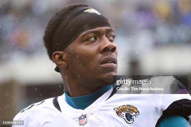 Arden Key of the Jacksonville Jaguars looks on against the Philadelphia Eagles at Lincoln Financial Field on October 02, 2022 in Philadelphia,...