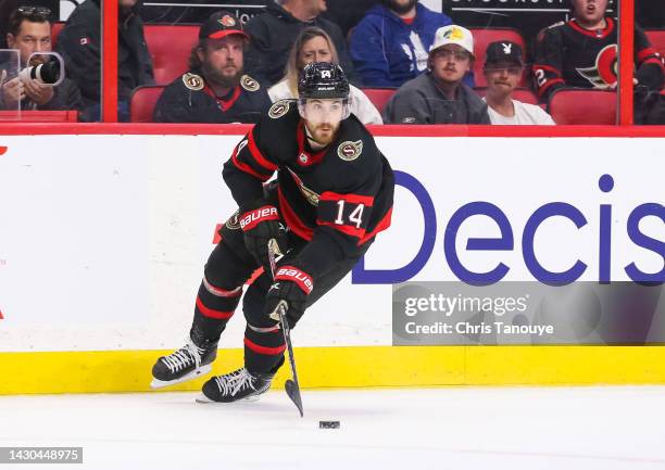 Tyler Motte of the Ottawa Senators skates against the Montreal Canadiens at Canadian Tire Centre on October 01, 2022 in Ottawa, Ontario.